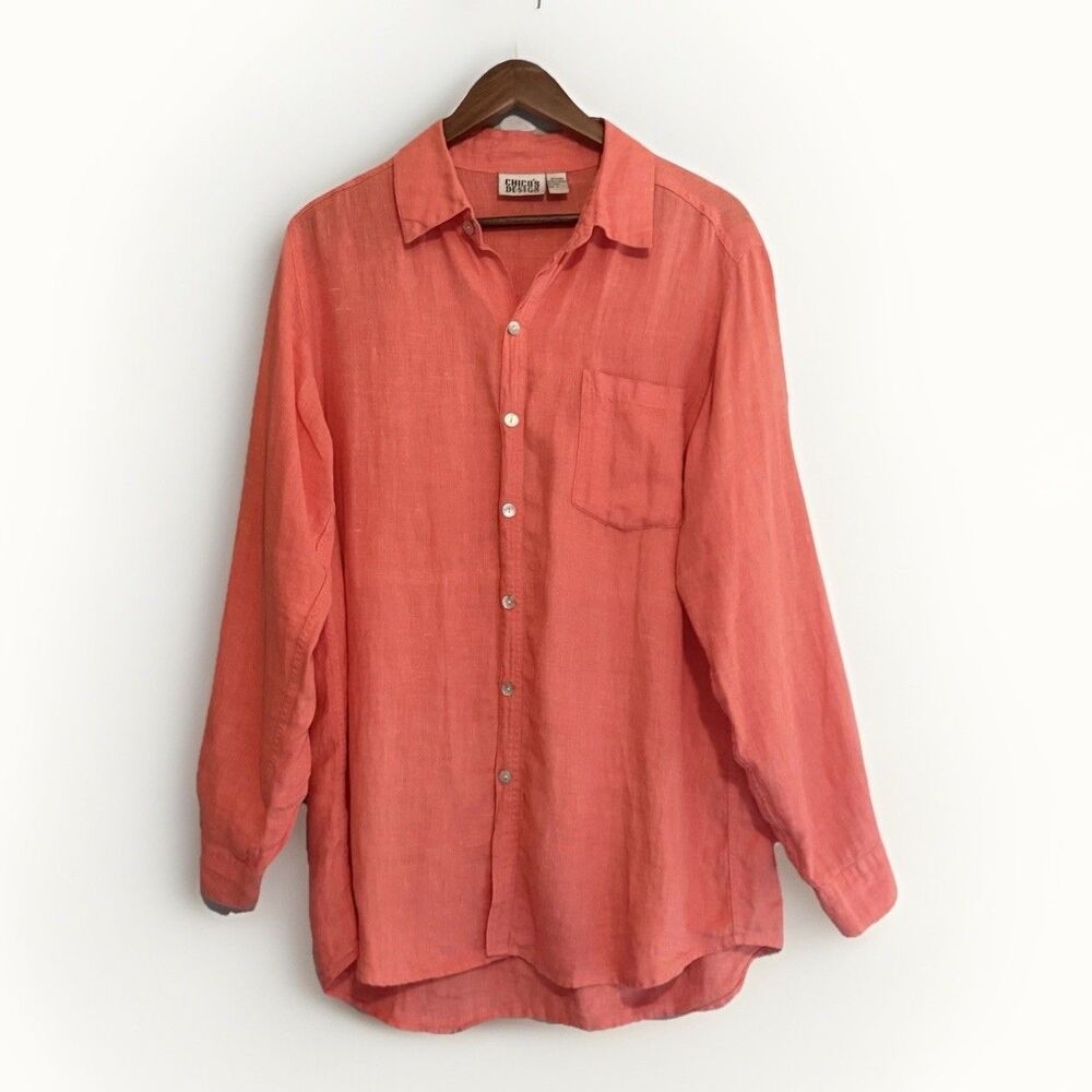 Chicos 100% Linen Button Up Shirt Coral Beach Coastal Classic Breathable 2/Large